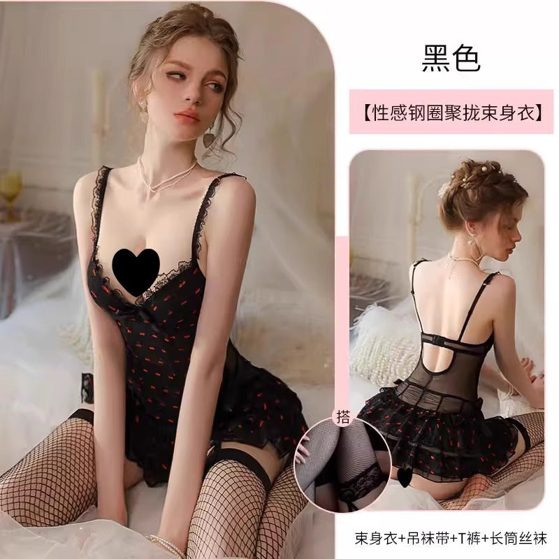 Sexy Pajamas Suspender Nightgown with Breast Pads for Women 2025 New Summer Style High-End Temptation French Pure Lust Lace