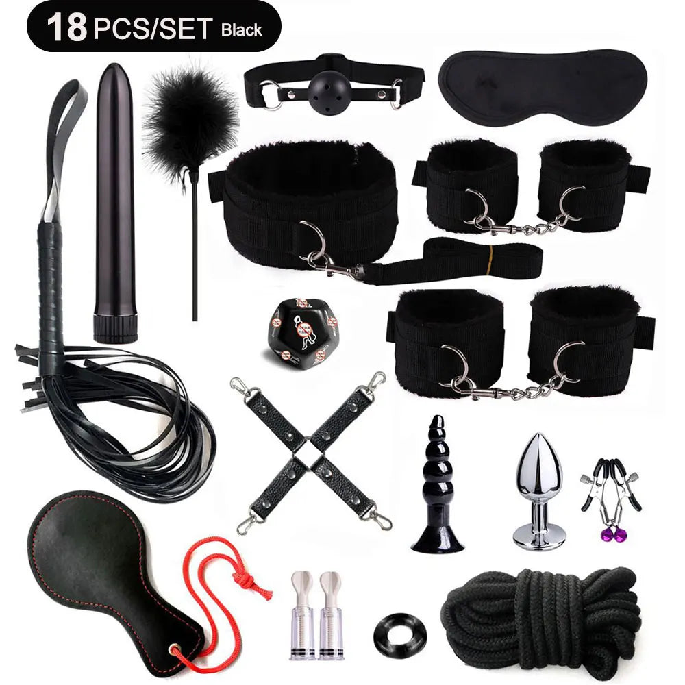 BDSM Sex Kits Adults Sex Toys For Women Men Handcuffs Nipple Clamps Whip Spanking Sex Metal Anal Plug Vibrator Butt Bdsm Bondage