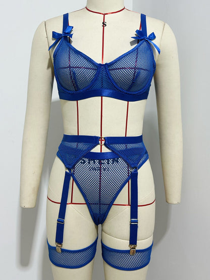 Foreign Trade Cross-Border European and American Popular Sexy Underwear Mesh Sexy Temptation Bow Strap Underwear Set Wholesale