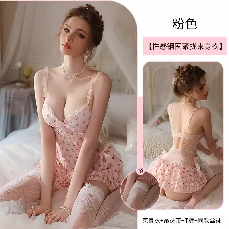 Sexy Pajamas Suspender Nightgown with Breast Pads for Women 2025 New Summer Style High-End Temptation French Pure Lust Lace
