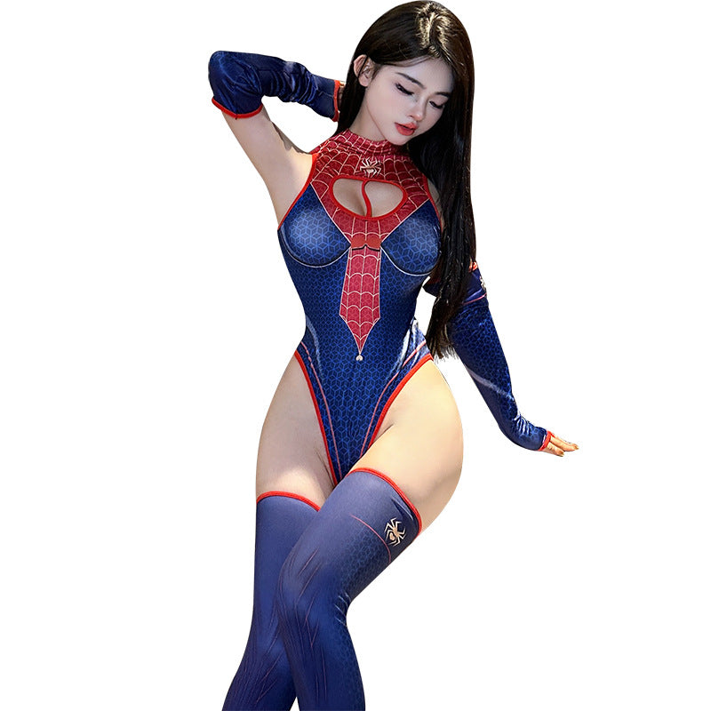 Pinxian sexy lingerie female spider female zipper open crotch printing suit role play couple passion temptation 2412