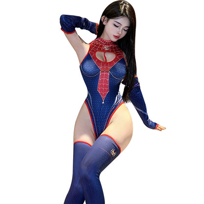 Pinxian sexy lingerie female spider female zipper open crotch printing suit role play couple passion temptation 2412