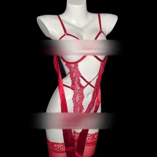 Sexy Lace Camisole Lingerie with Underwire, Gathered Pure Desire Style, Tie Bow, No Need to Take Off, Hollow-Out Bodysuit Qqny