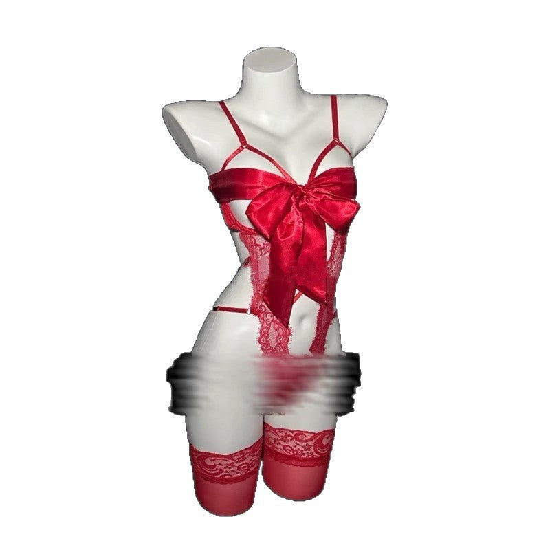 Sexy Lace Camisole Lingerie with Underwire, Gathered Pure Desire Style, Tie Bow, No Need to Take Off, Hollow-Out Bodysuit Qqny