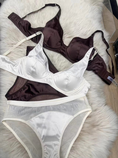 Cross-Border European and American Sexy Underwear French Thin Satin Seamless Underwear Set Big Breasts Showing Small Anti-Sagging Bra