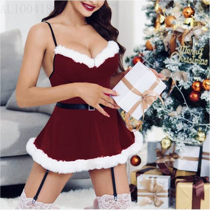 Cross-Border Amazon Christmas Sexy Lingerie Gold Velvet Temptation Passionate Christmas Uniform Suspender Skirt Queen Performance
