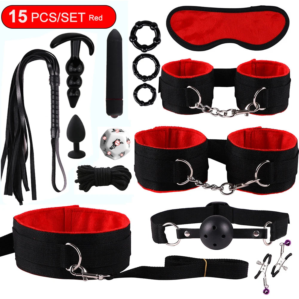 BDSM Sex Kits Adults Sex Toys For Women Men Handcuffs Nipple Clamps Whip Spanking Sex Metal Anal Plug Vibrator Butt Bdsm Bondage