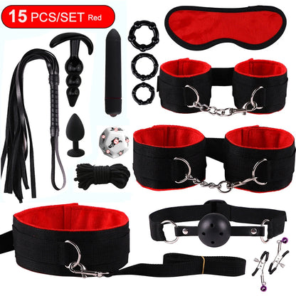 BDSM Sex Kits Adults Sex Toys For Women Men Handcuffs Nipple Clamps Whip Spanking Sex Metal Anal Plug Vibrator Butt Bdsm Bondage