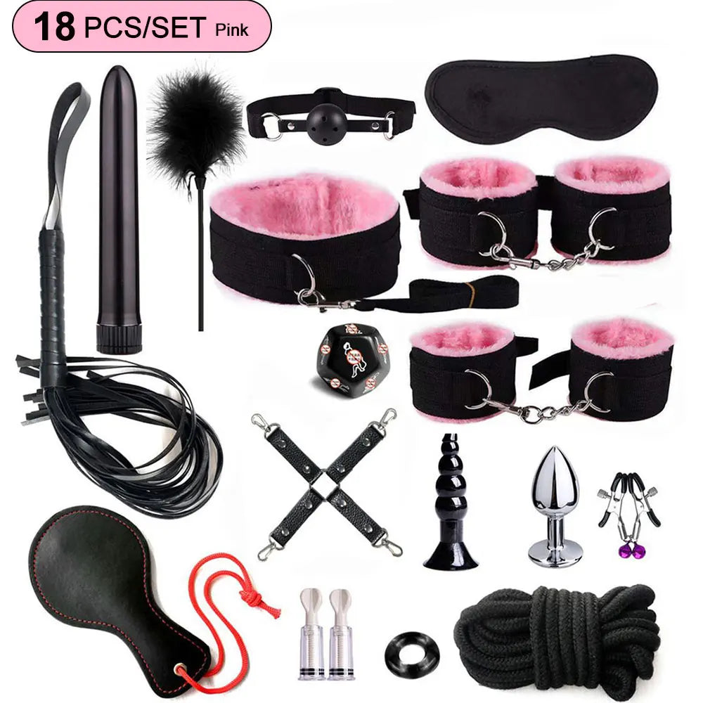 BDSM Sex Kits Adults Sex Toys For Women Men Handcuffs Nipple Clamps Whip Spanking Sex Metal Anal Plug Vibrator Butt Bdsm Bondage