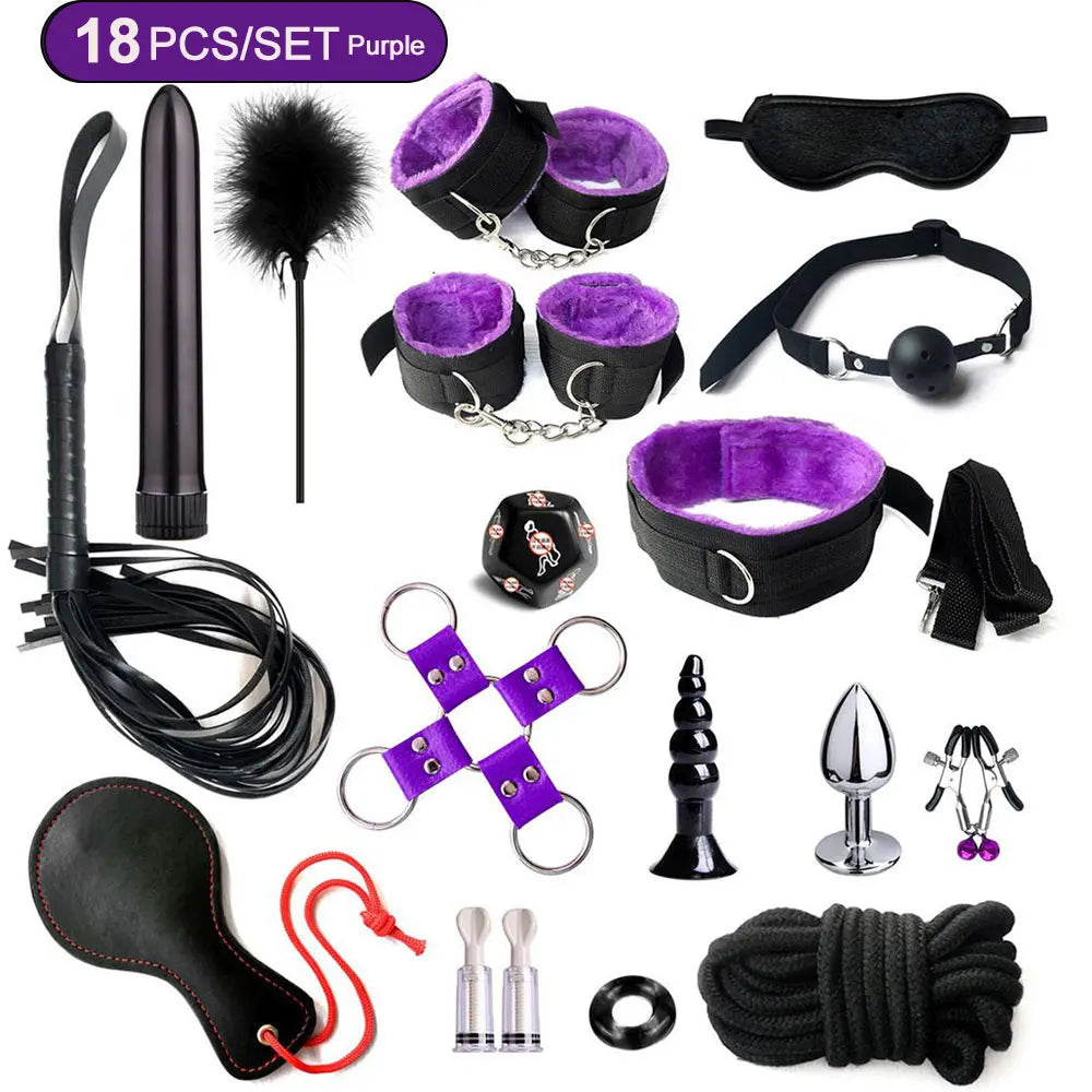 BDSM Sex Kits Adults Sex Toys For Women Men Handcuffs Nipple Clamps Whip Spanking Sex Metal Anal Plug Vibrator Butt Bdsm Bondage